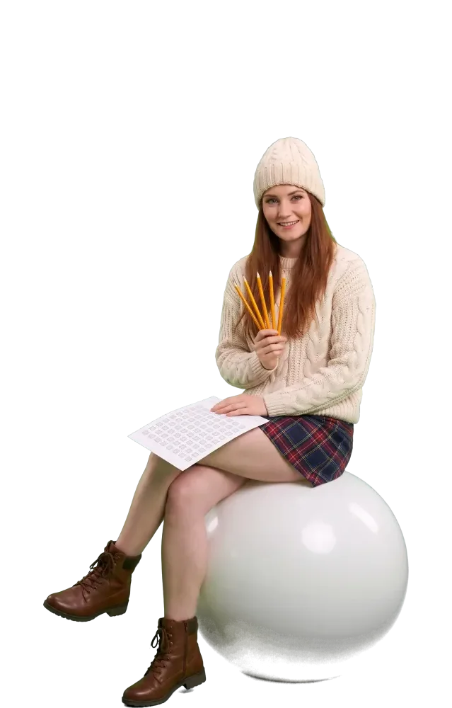 Woman on a giant white ball with four pencils and a slip