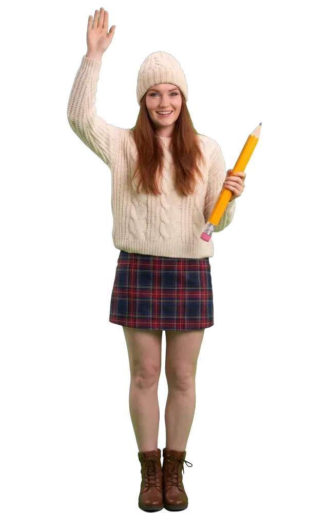 Woman raising her hand to answer, holding a big pencil