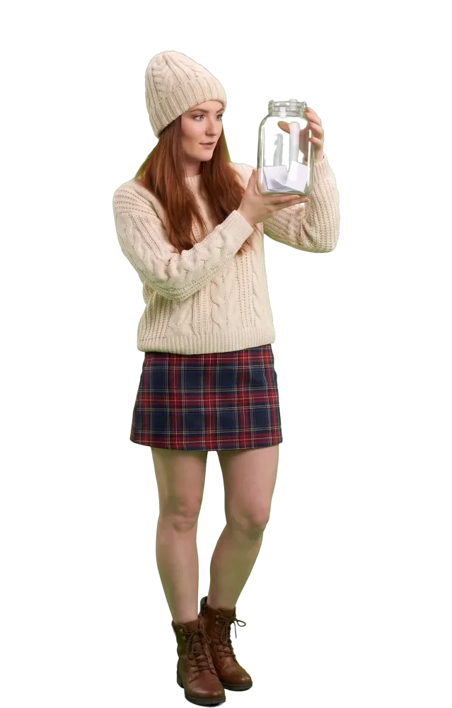 Woman peering into a nearly empty glass jar