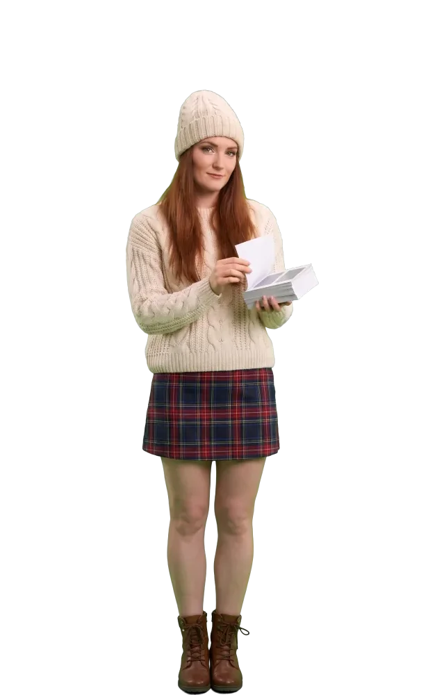 Woman flipping through a stack of blank scratch cards