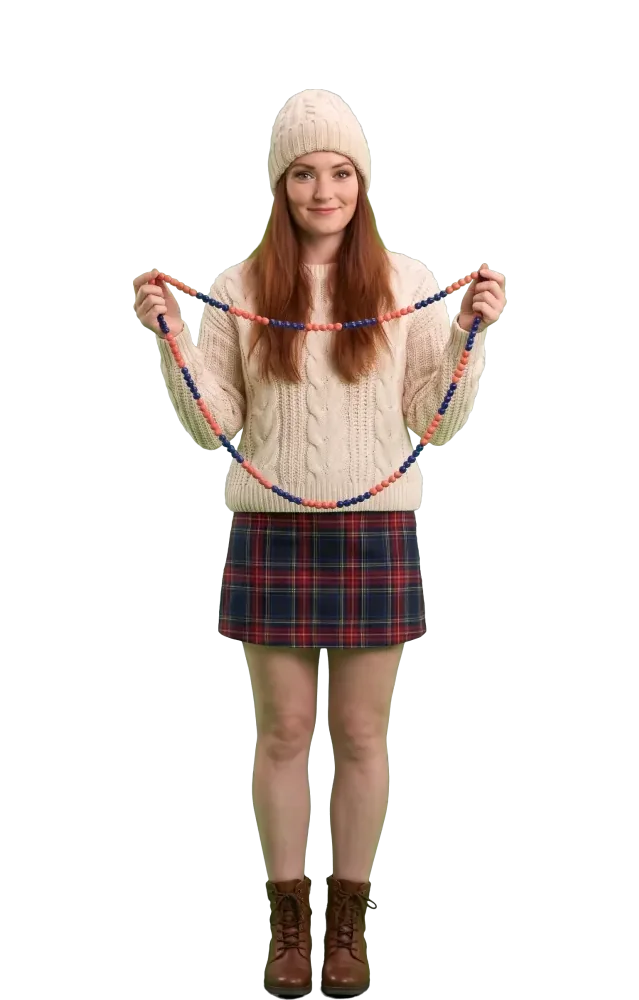 Woman holding a string of coral and navy beads in streaks