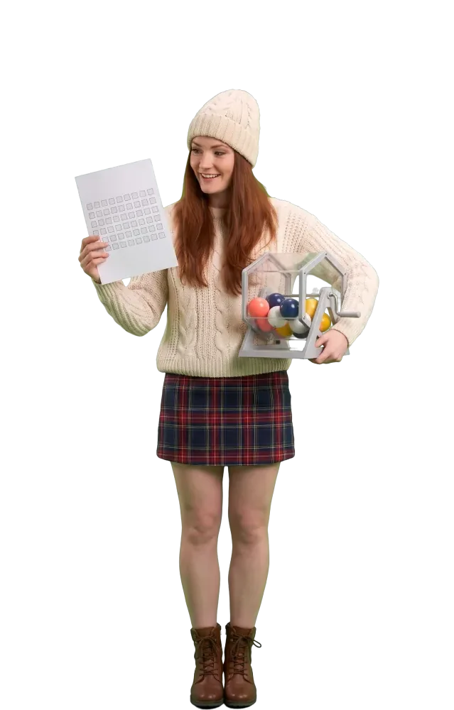 Woman comparing a play slip and a lottery drum