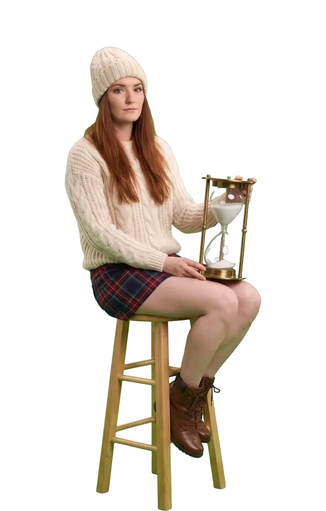 Woman on a stool holding an hourglass on her knee