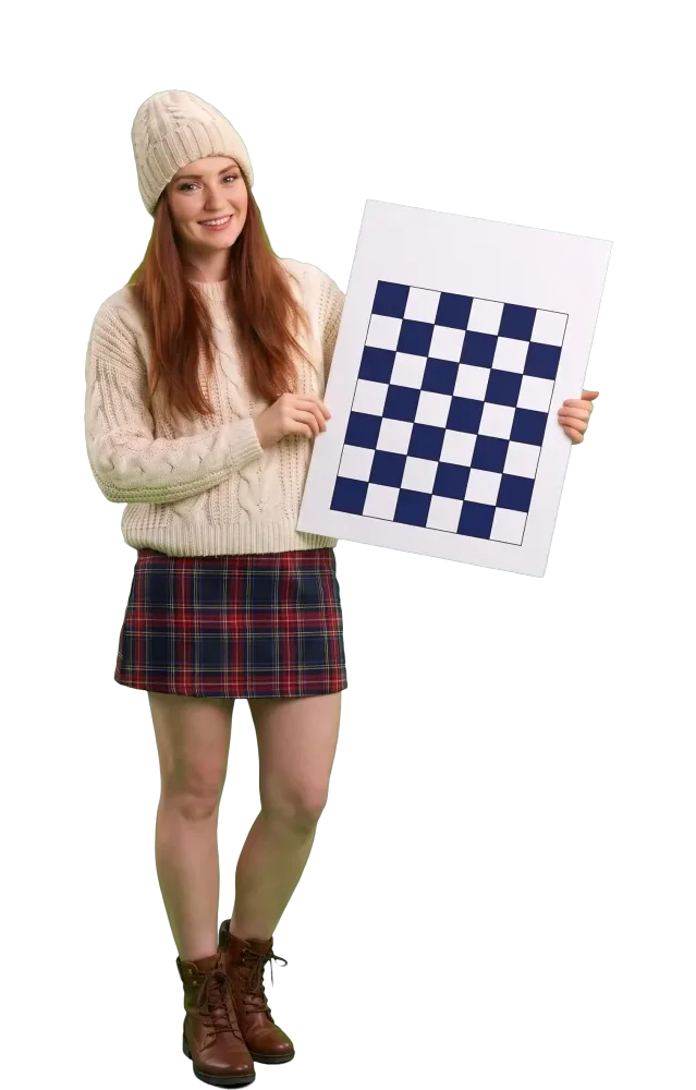Woman holding a grid card with half the squares filled