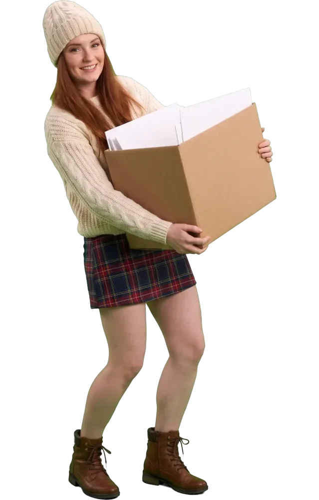 Woman carrying a big box full of slips