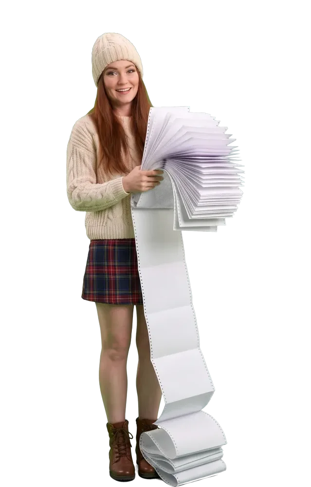 Woman holding a long fan-folded paper stack