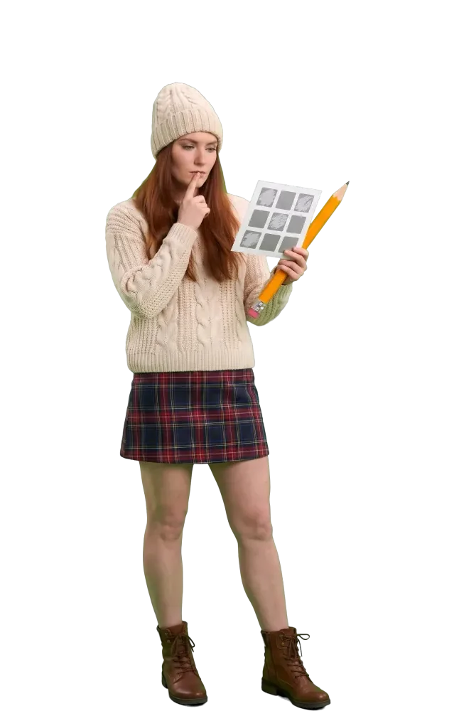Woman studying a card with a 3 by 3 grid