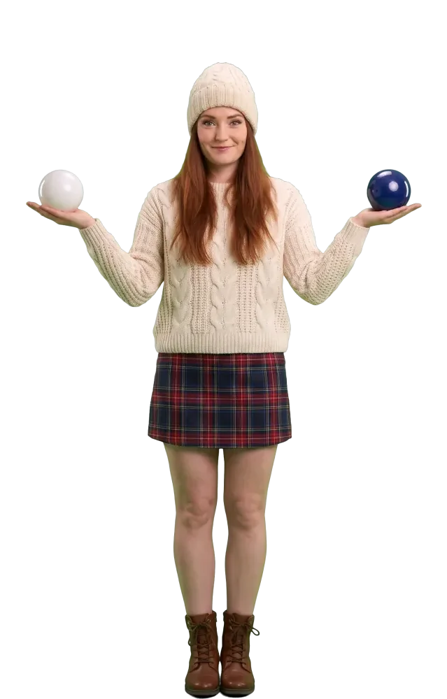 Woman with arms spread, balancing a white and a navy ball