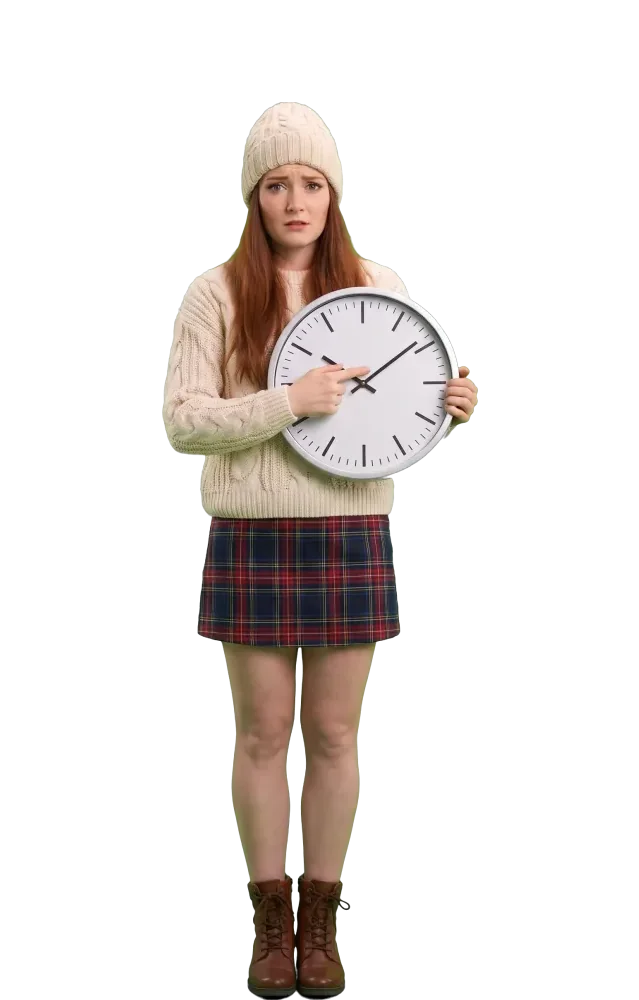 Woman tapping the face of a large clock